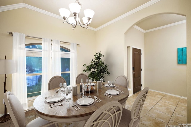 dining room featuring crown molding, arched walkways, baseboards, an inviting chandelier, and light tile patterned flooring