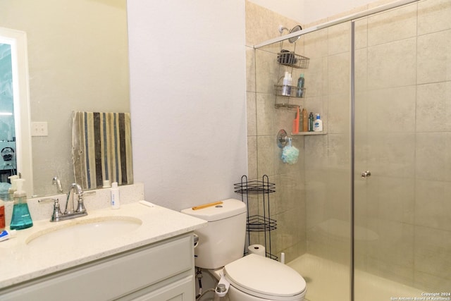 bathroom featuring vanity, toilet, and a shower stall