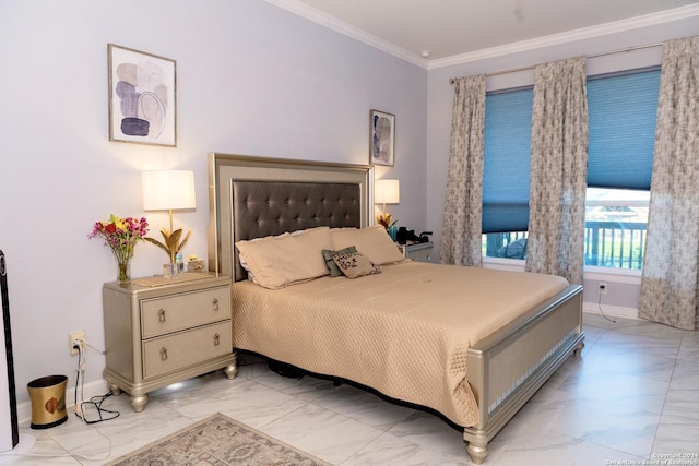 bedroom with marble finish floor, baseboards, and crown molding