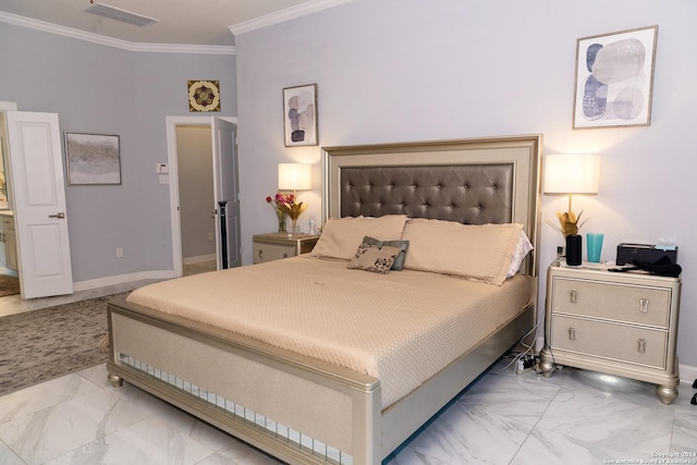bedroom featuring marble finish floor, ornamental molding, baseboards, and visible vents