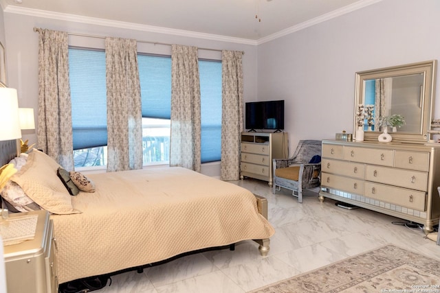 bedroom with marble finish floor and crown molding