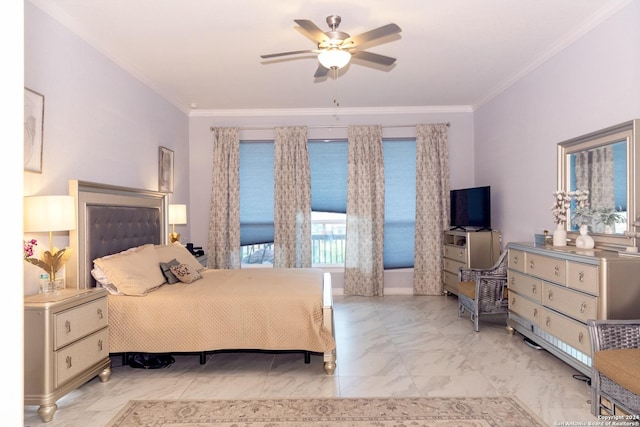 bedroom with marble finish floor, ornamental molding, and a ceiling fan