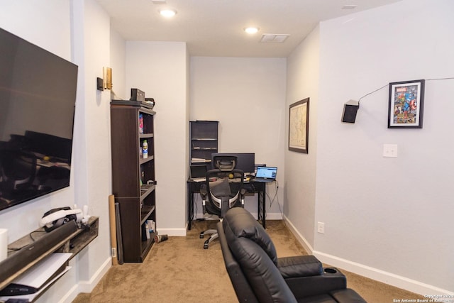 office with baseboards, recessed lighting, and light colored carpet