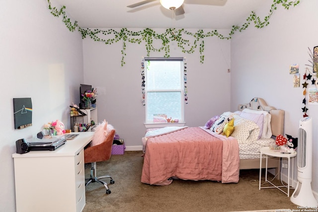 bedroom featuring baseboards, ceiling fan, and carpet