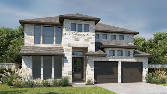 view of front of home with stone siding, an attached garage, and concrete driveway