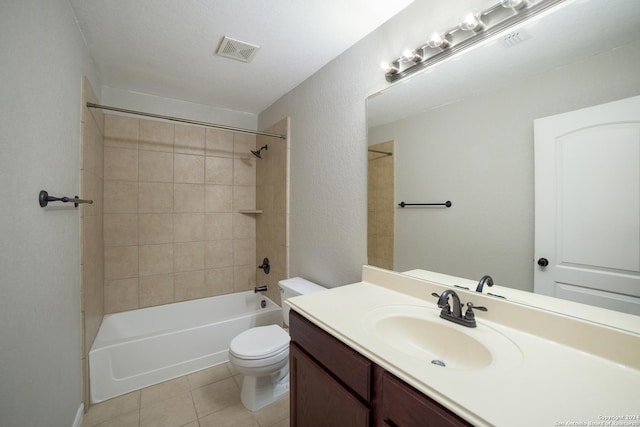 full bath with tile patterned floors, toilet, vanity, tub / shower combination, and visible vents