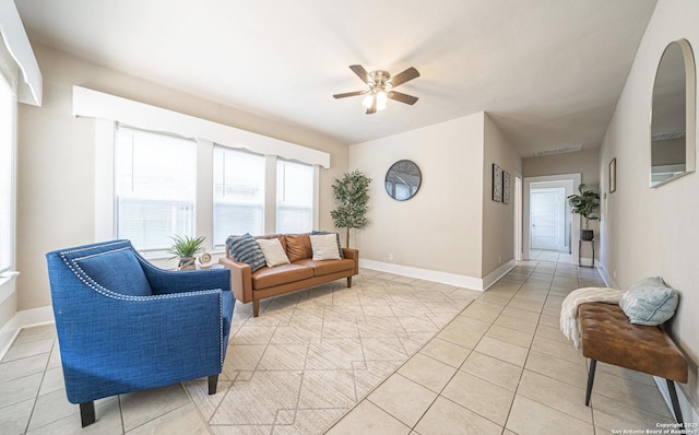 living room featuring baseboards, ceiling fan, visible vents, and light tile patterned flooring
