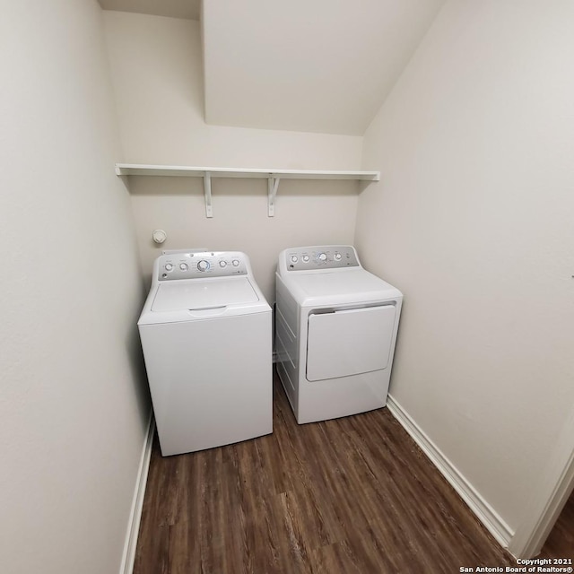 8062 Halo Cir, San Antonio, TX 78252 - clothes washing area with baseboards, dark wood-style flooring, independent washer and dryer, and laundry area
