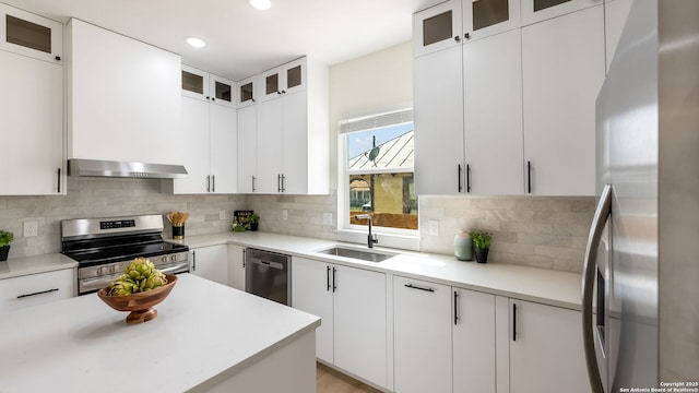 kitchen with light countertops, stainless steel appliances, exhaust hood, decorative backsplash, and a sink
