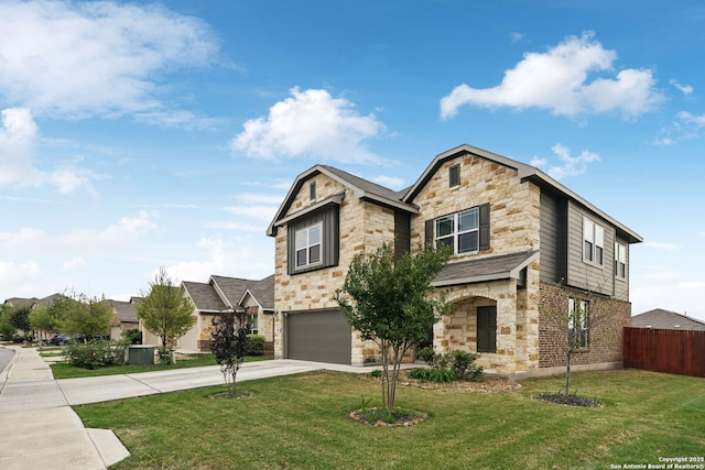 13850 Cohan Way, San Antonio, TX 78253 - view of front of home featuring stone siding, driveway, a front lawn, and an attached garage