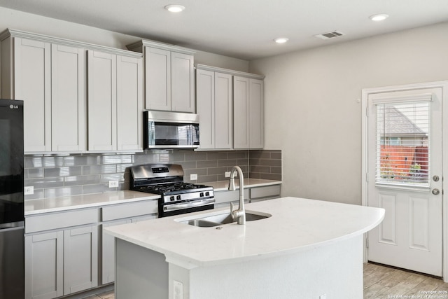 13850 Cohan Way, San Antonio, TX 78253 - kitchen with tasteful backsplash, gray cabinets, a sink, visible vents, and appliances with stainless steel finishes