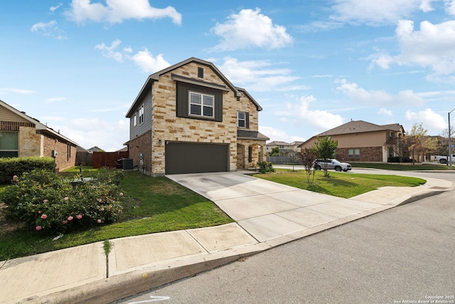13850 Cohan Way, San Antonio, TX 78253 - view of front of house featuring cooling unit, concrete driveway, fence, a front yard, and a garage