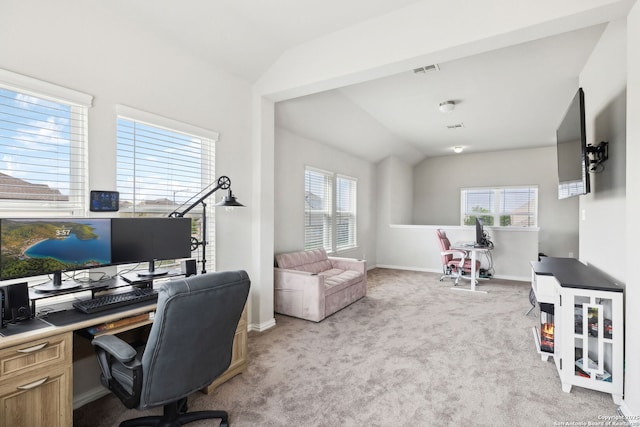 13850 Cohan Way, San Antonio, TX 78253 - home office with light colored carpet, vaulted ceiling, visible vents, and baseboards