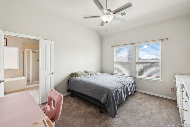 13850 Cohan Way, San Antonio, TX 78253 - bedroom featuring visible vents, baseboards, connected bathroom, lofted ceiling, and light colored carpet