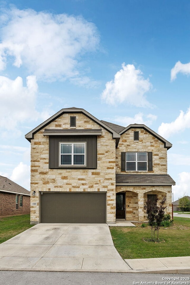 13850 Cohan Way, San Antonio, TX 78253 - view of front of home featuring stone siding, concrete driveway, a garage, and a front lawn