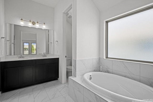 10281 Bartenheim Dr, Schertz, TX 78154 - bathroom with toilet, a garden tub, marble finish flooring, and double vanity