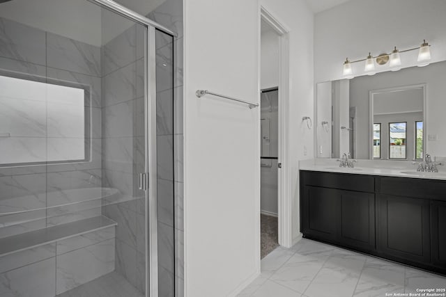 10281 Bartenheim Dr, Schertz, TX 78154 - bathroom with marble look tiles, a marble finish shower, and double vanity