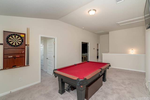 playroom featuring baseboards, lofted ceiling, carpet, and billiards
