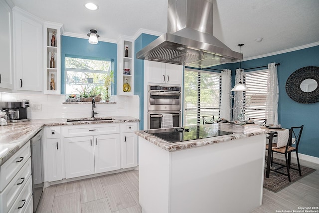 kitchen with island range hood, a sink, stainless steel appliances, and open shelves
