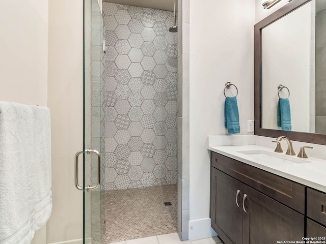 bathroom featuring vanity and a shower stall