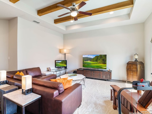 living room featuring visible vents, recessed lighting, a ceiling fan, a raised ceiling, and beam ceiling