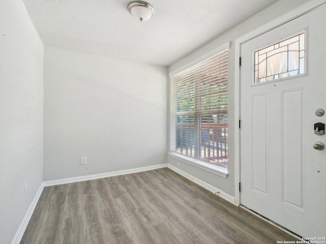entrance foyer with baseboards, a textured ceiling, and wood finished floors