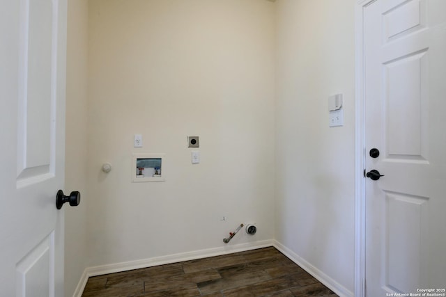7609 Highland Park, San Antonio, TX 78250 - washroom with gas dryer hookup, dark wood-type flooring, hookup for an electric dryer, washer hookup, and baseboards