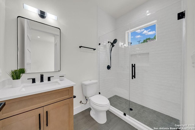 303 Pleasant Knl, San Antonio, TX 78260 - full bathroom with toilet, vanity, a stall shower, and baseboards