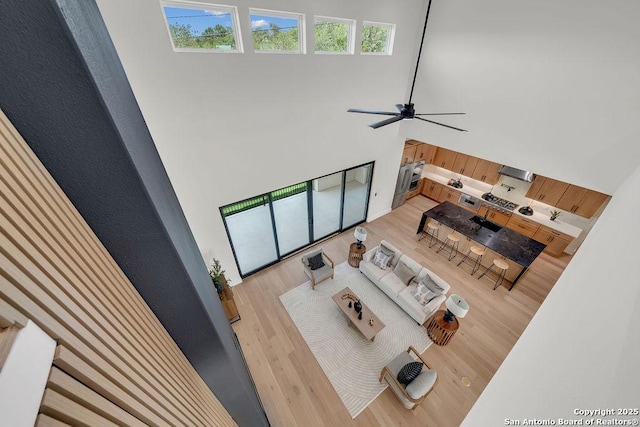 303 Pleasant Knl, San Antonio, TX 78260 - living room with wood finished floors, a towering ceiling, and ceiling fan