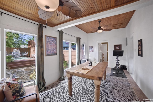 office area featuring ceiling fan, tile patterned flooring, wood ceiling, and a wealth of natural light