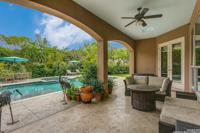 93 Bristol Grn, San Antonio, TX 78209 - view of patio / terrace with ceiling fan, outdoor lounge area, french doors, and a pool with connected hot tub