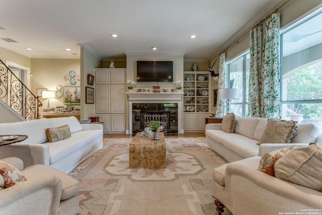 93 Bristol Grn, San Antonio, TX 78209 - living area featuring visible vents, recessed lighting, stairs, and ornamental molding