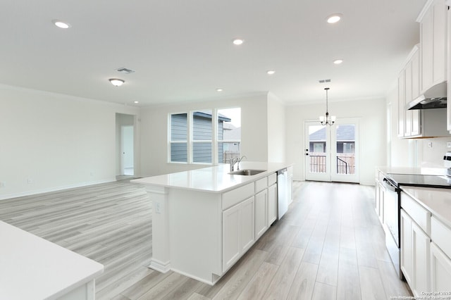 5230 Anzueto, San Antonio, TX 78261 - kitchen featuring range hood, stainless steel dishwasher, electric stove, a sink, and light wood-style floors