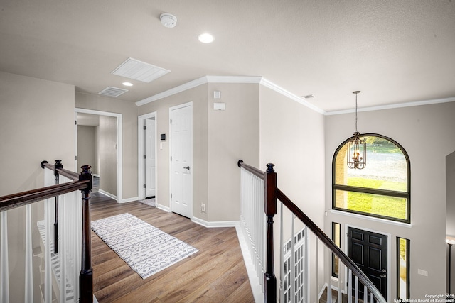 162 Teal Rdg, Canyon Lake, TX 78133 - corridor with an upstairs landing, visible vents, baseboards, wood finished floors, and recessed lighting
