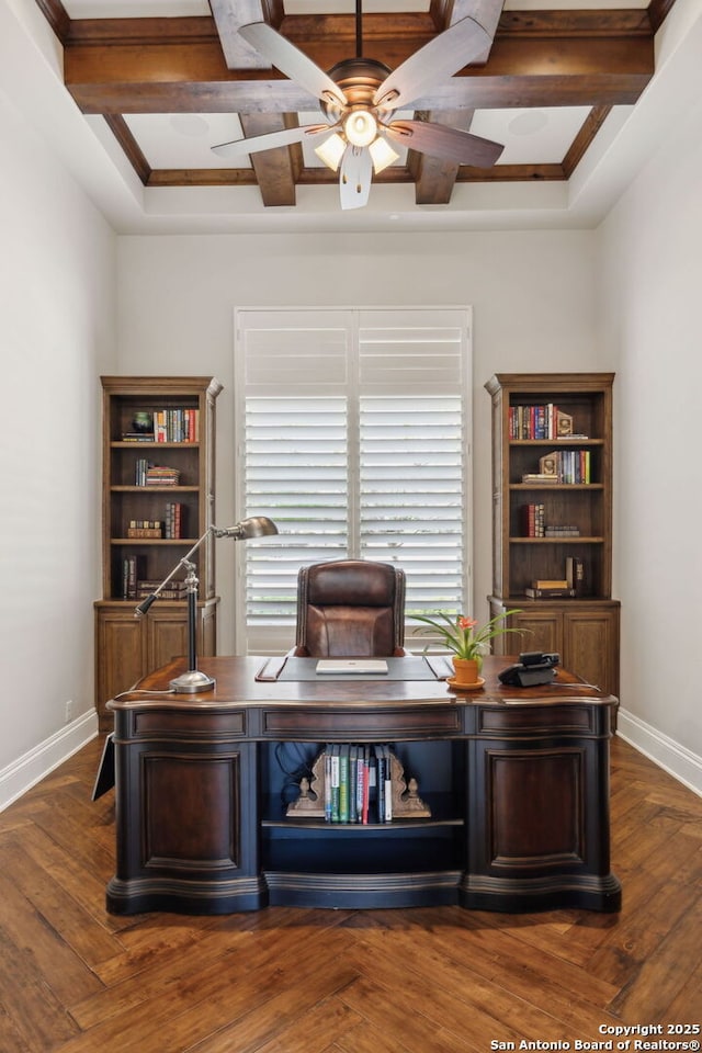 3919 El Chamizal, San Antonio, TX 78261 - office with coffered ceiling, dark wood-type flooring, baseboards, beamed ceiling, and a ceiling fan