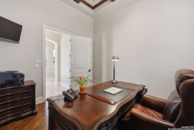 3919 El Chamizal, San Antonio, TX 78261 - office with arched walkways, baseboards, and wood finished floors
