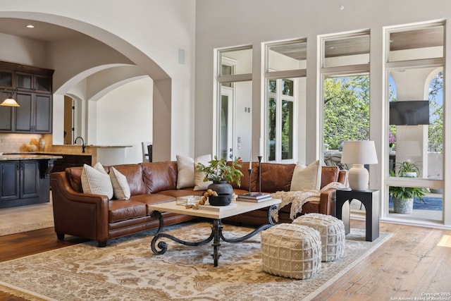 3919 El Chamizal, San Antonio, TX 78261 - living room with a high ceiling, arched walkways, and hardwood / wood-style floors