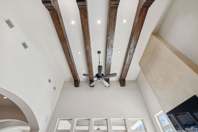 3919 El Chamizal, San Antonio, TX 78261 - details with ceiling fan, visible vents, beam ceiling, and recessed lighting