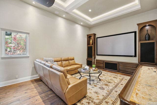 3919 El Chamizal, San Antonio, TX 78261 - home theater room featuring coffered ceiling, recessed lighting, baseboards, beam ceiling, and wood finished floors