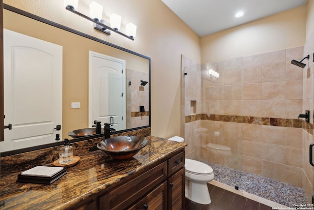 3919 El Chamizal, San Antonio, TX 78261 - bathroom with a tile shower, toilet, vanity, and wood finished floors