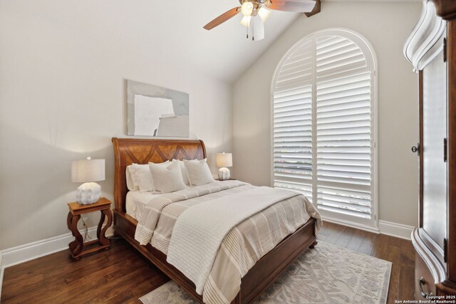 3919 El Chamizal, San Antonio, TX 78261 - bedroom with baseboards, lofted ceiling, a ceiling fan, and hardwood / wood-style floors