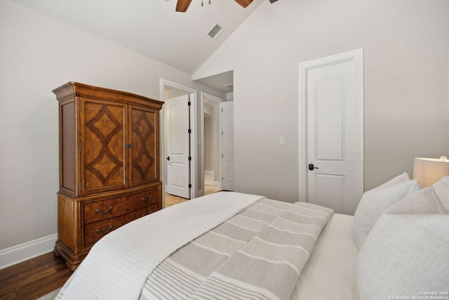3919 El Chamizal, San Antonio, TX 78261 - bedroom with high vaulted ceiling, wood finished floors, baseboards, visible vents, and ceiling fan