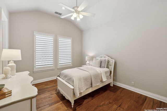 3919 El Chamizal, San Antonio, TX 78261 - bedroom with baseboards, visible vents, wood finished floors, and lofted ceiling