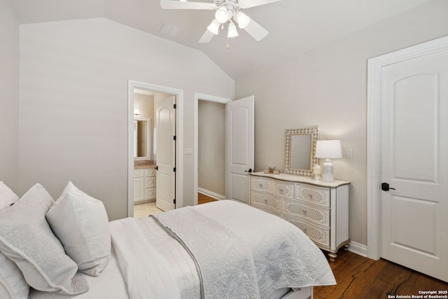 3919 El Chamizal, San Antonio, TX 78261 - bedroom featuring vaulted ceiling, baseboards, ensuite bath, ceiling fan, and wood finished floors