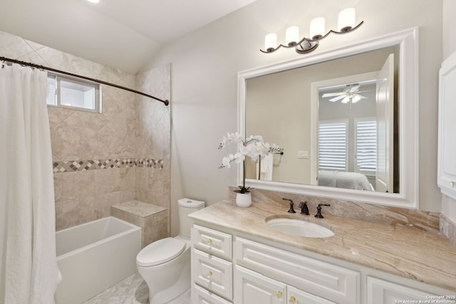 3919 El Chamizal, San Antonio, TX 78261 - full bathroom with toilet, a ceiling fan, vanity, shower / bath combination with curtain, and vaulted ceiling