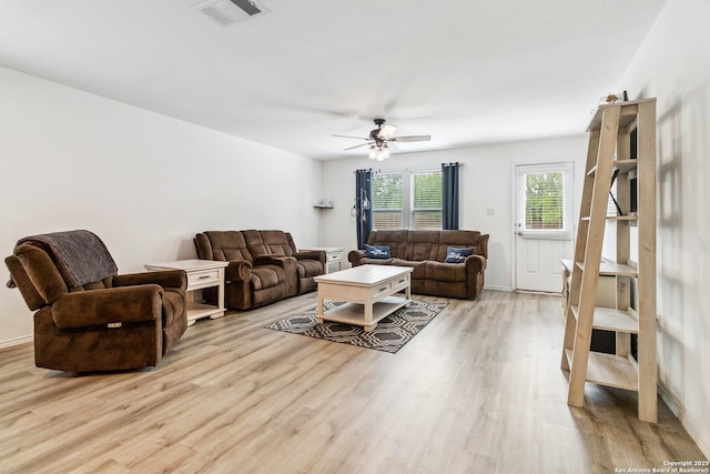living room featuring wood finished floors, baseboards, ceiling fan, and visible vents
