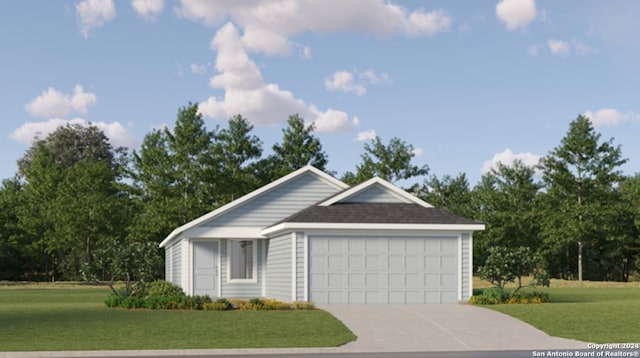 view of front facade with driveway, an attached garage, and a front lawn