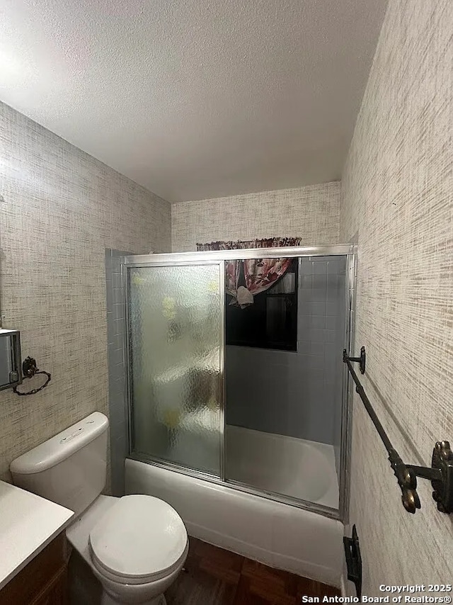 4223 Redstone Dr, San Antonio, TX 78219 - full bath featuring toilet, vanity, enclosed tub / shower combo, and a textured ceiling