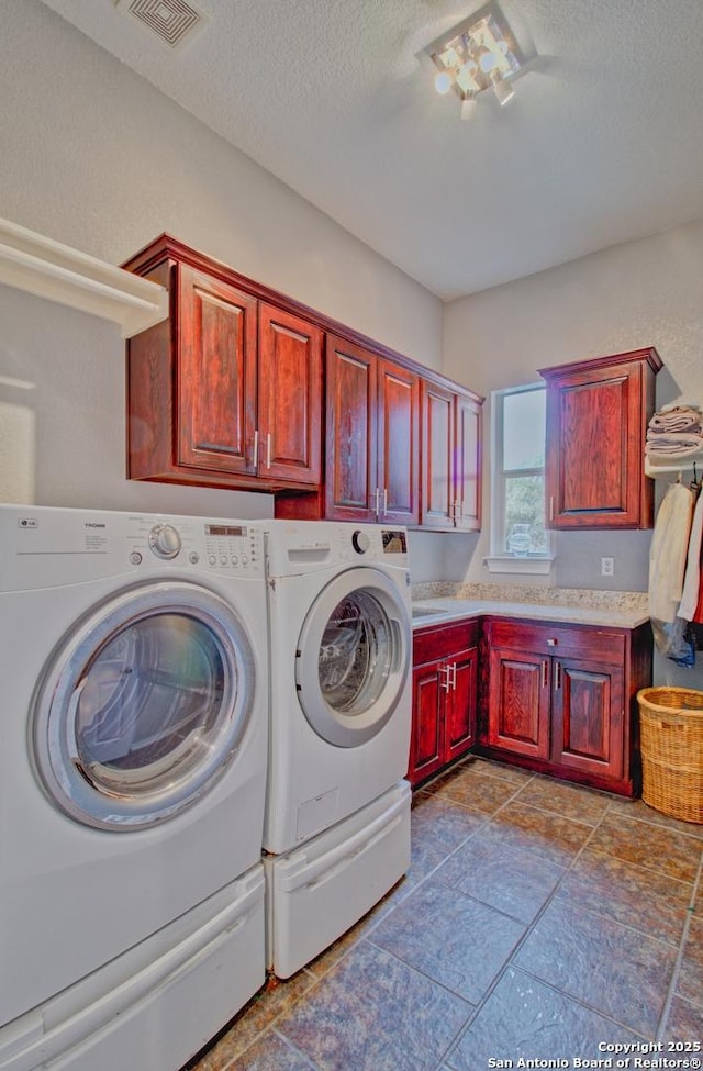 2110 Winding Vw, San Antonio, TX 78260 - laundry room featuring cabinet space, a textured ceiling, separate washer and dryer, and visible vents