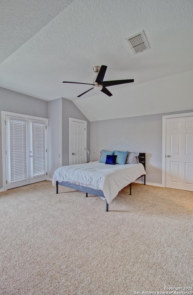 2110 Winding Vw, San Antonio, TX 78260 - bedroom with carpet flooring, a textured ceiling, vaulted ceiling, and visible vents